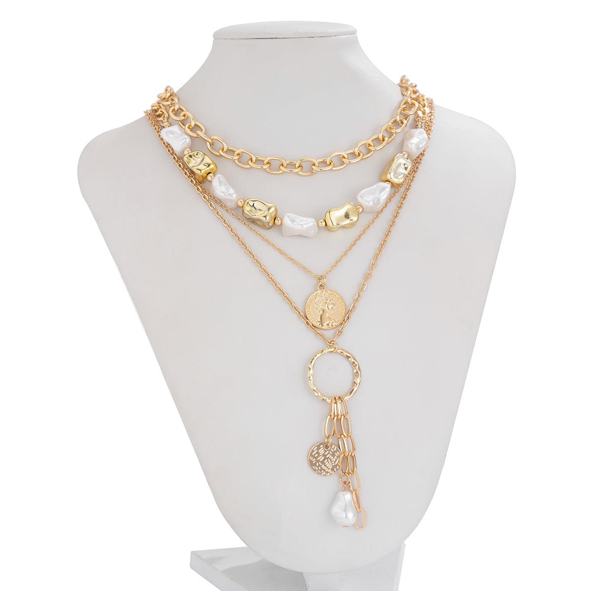 Elegant 4pcs Irregular Pearl Round Disk Tassel Cable Chain Necklace Set - ArtGalleryZen