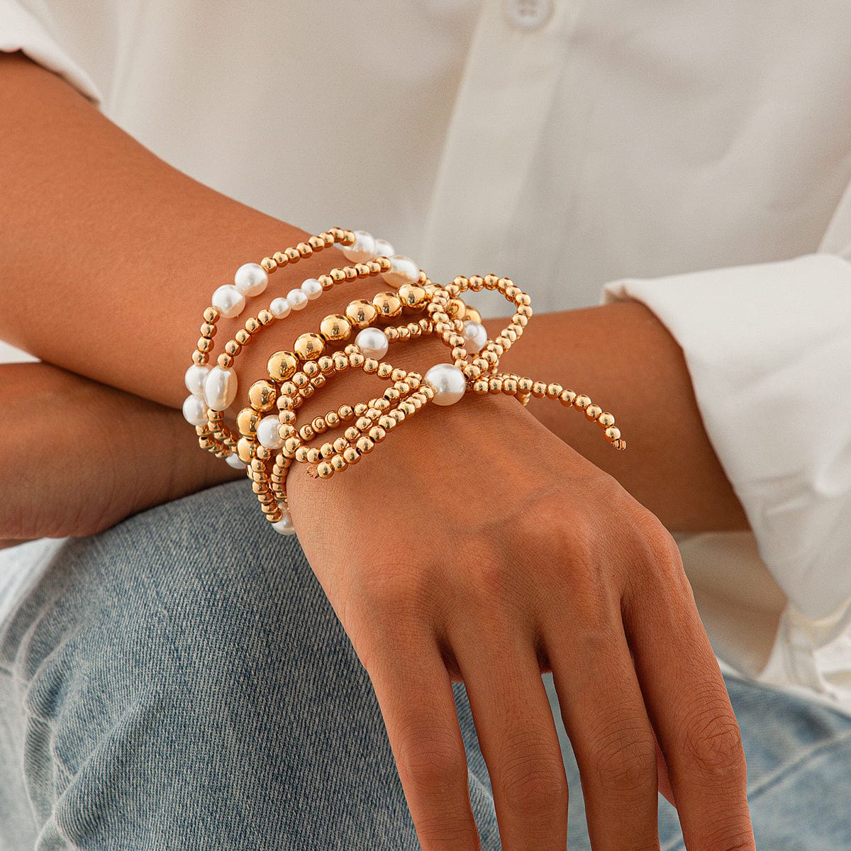 Elegant 5pcs Gold Plated Bowknot Pearl Chain Bracelet Set - ArtGalleryZen
