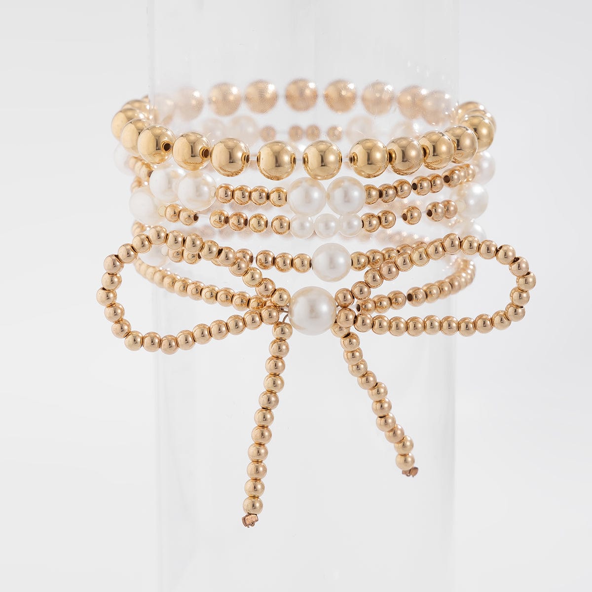 Elegant 5pcs Gold Plated Bowknot Pearl Chain Bracelet Set - ArtGalleryZen