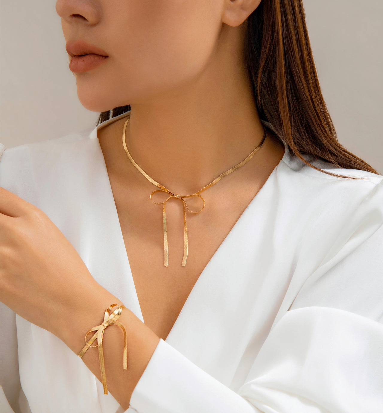 Elegant Bowknot Pendant Snake Chain Necklace Bracelet Set - ArtGalleryZen
