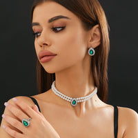 Thumbnail for Elegant Emerald Cubic Zirconia Inlaid Pearl Chain Choker Necklace Earrings Ring Set - ArtGalleryZen