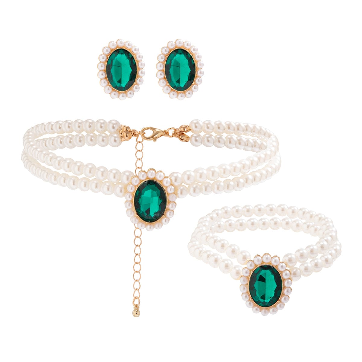 Elegant Emerald CZ Inlaid Pearl Chain Choker Necklace Bracelet Earrings Set - ArtGalleryZen