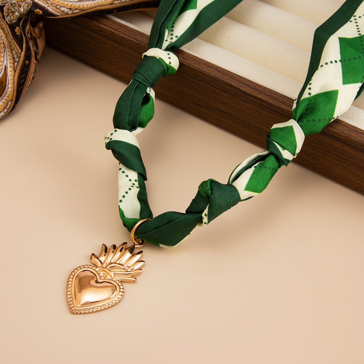 Elegant Flame Heart Pendant Silk Scarf Choker Necklace - ArtGalleryZen