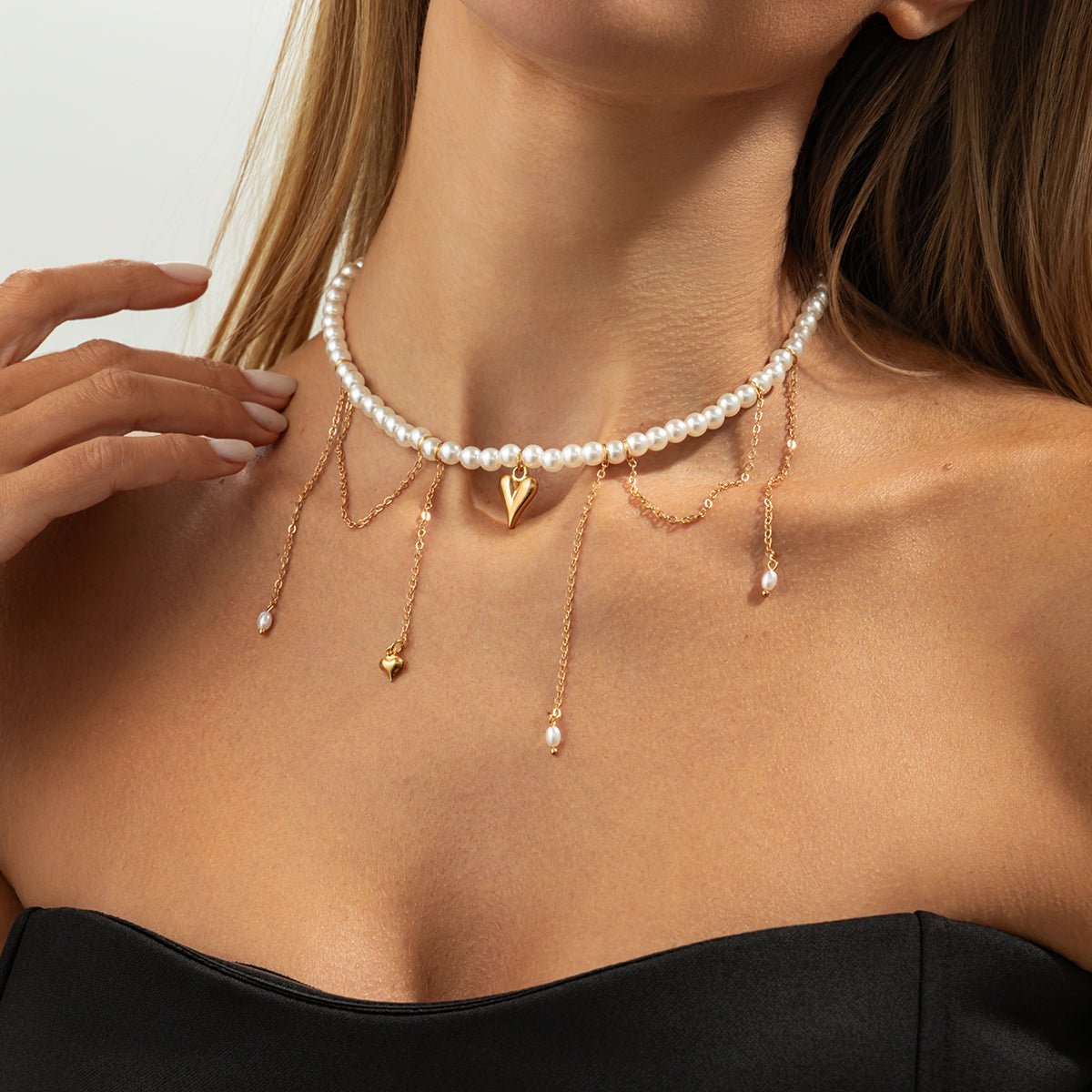 Elegant Heart Pendant Pearl Chain Tassel Necklace - ArtGalleryZen