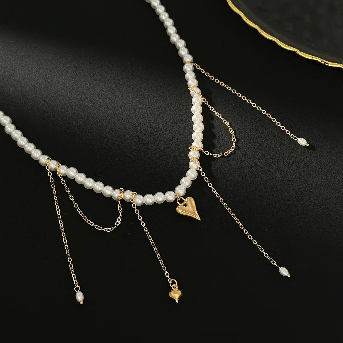 Elegant Heart Pendant Pearl Chain Tassel Necklace - ArtGalleryZen