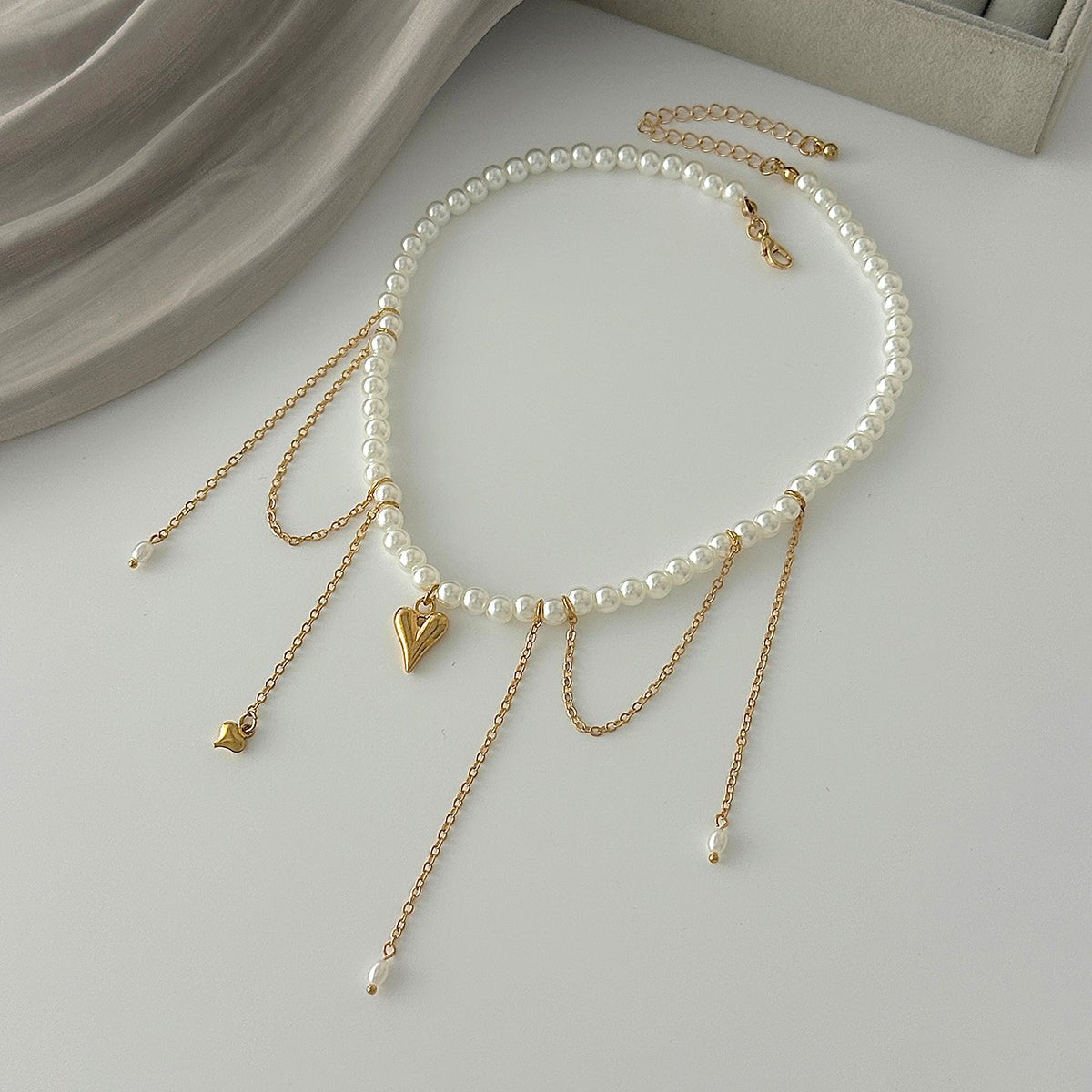 Elegant Heart Pendant Pearl Chain Tassel Necklace - ArtGalleryZen