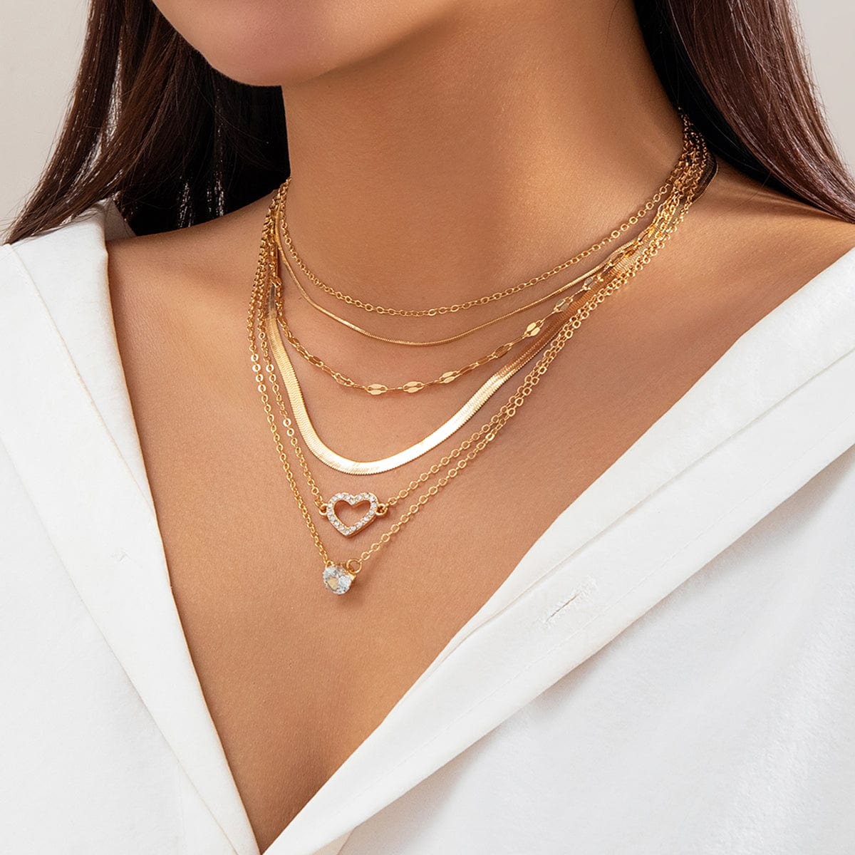 Elegant Layered CZ Inlaid Heart Pendant Snake Chain Necklace Set - ArtGalleryZen