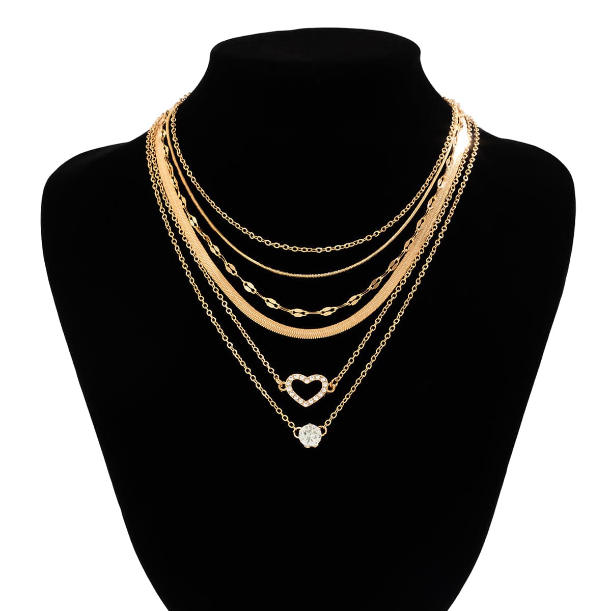 Elegant Layered CZ Inlaid Heart Pendant Snake Chain Necklace Set - ArtGalleryZen