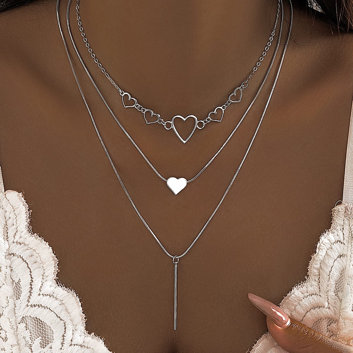 Elegant Layered Heart Bar Pendant Chain Necklace Set - ArtGalleryZen
