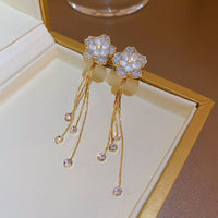 Thumbnail for Enamel Camellia Flower Rhinestone Chain Tassel Earrings - ArtGalleryZen