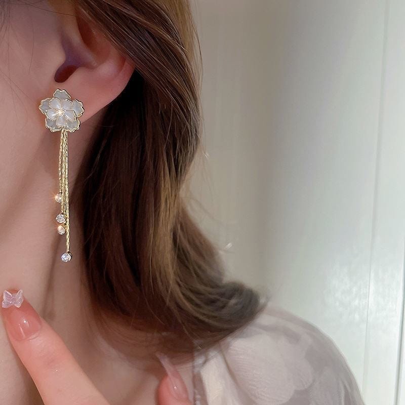 Enamel Camellia Flower Rhinestone Chain Tassel Earrings - ArtGalleryZen