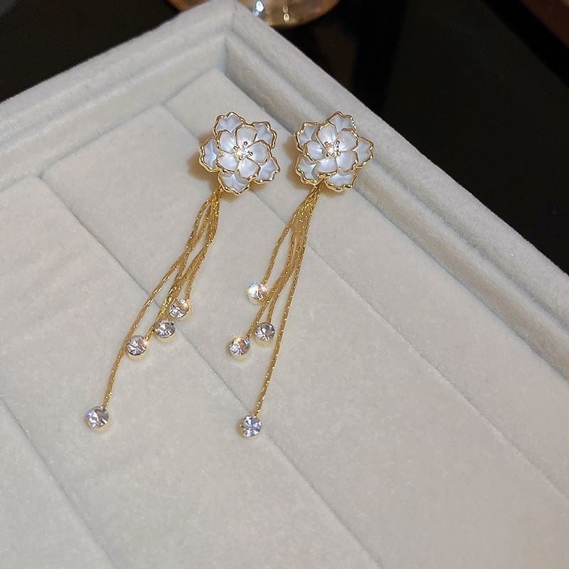 Enamel Camellia Flower Rhinestone Chain Tassel Earrings - ArtGalleryZen