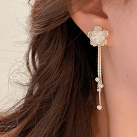 Thumbnail for Enamel Camellia Flower Rhinestone Chain Tassel Earrings - ArtGalleryZen