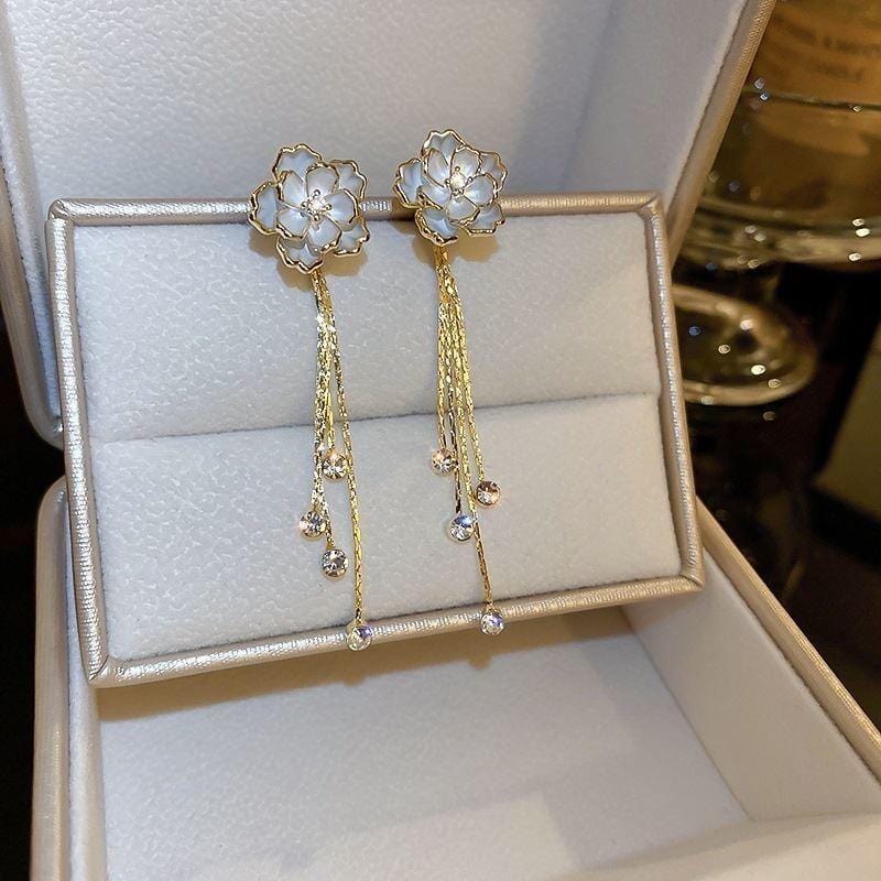 Enamel Camellia Flower Rhinestone Chain Tassel Earrings - ArtGalleryZen