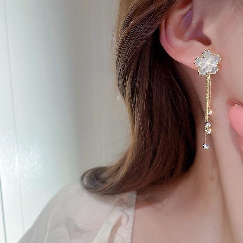 Enamel Camellia Flower Rhinestone Chain Tassel Earrings - ArtGalleryZen