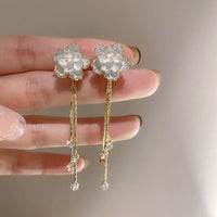 Thumbnail for Enamel Camellia Flower Rhinestone Chain Tassel Earrings - ArtGalleryZen