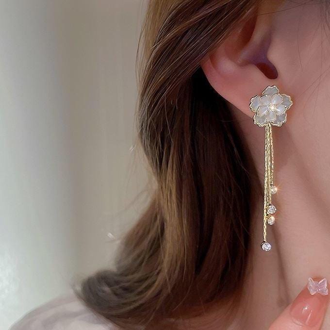 Enamel Camellia Flower Rhinestone Chain Tassel Earrings - ArtGalleryZen