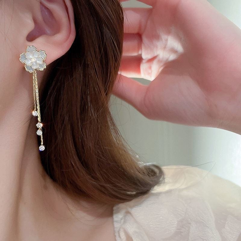 Enamel Camellia Flower Rhinestone Chain Tassel Earrings - ArtGalleryZen