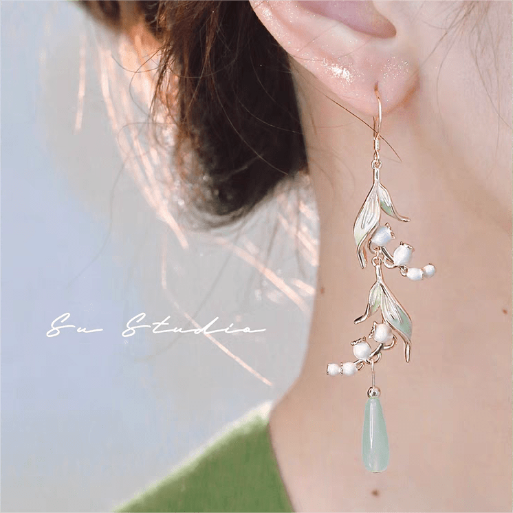 Enamel Lily Of The Valley Dangle Jade Earrings - ArtGalleryZen