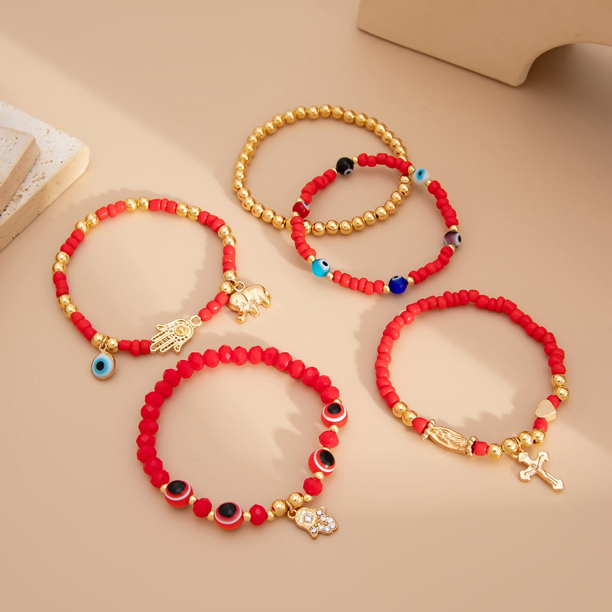 Ethnic style 5pcs Evil Eye Hamsa Charm Crystal Beaded Bracelet Set - ArtGalleryZen