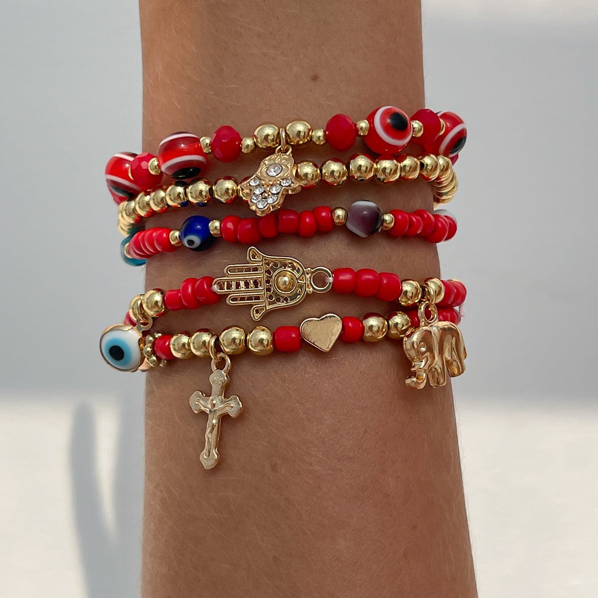 Ethnic style 5pcs Evil Eye Hamsa Charm Crystal Beaded Bracelet Set - ArtGalleryZen