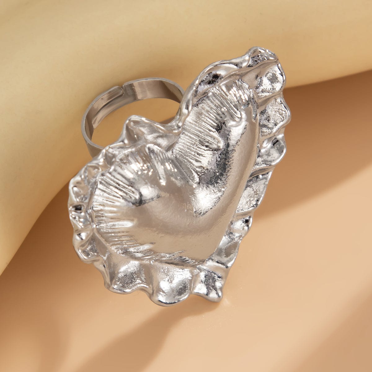 Exaggerated Gold Silver Tone Pleated Heart Ring - ArtGalleryZen
