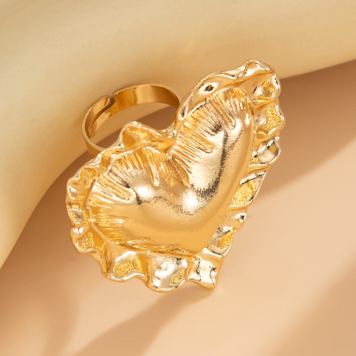 Exaggerated Gold Silver Tone Pleated Heart Ring - ArtGalleryZen