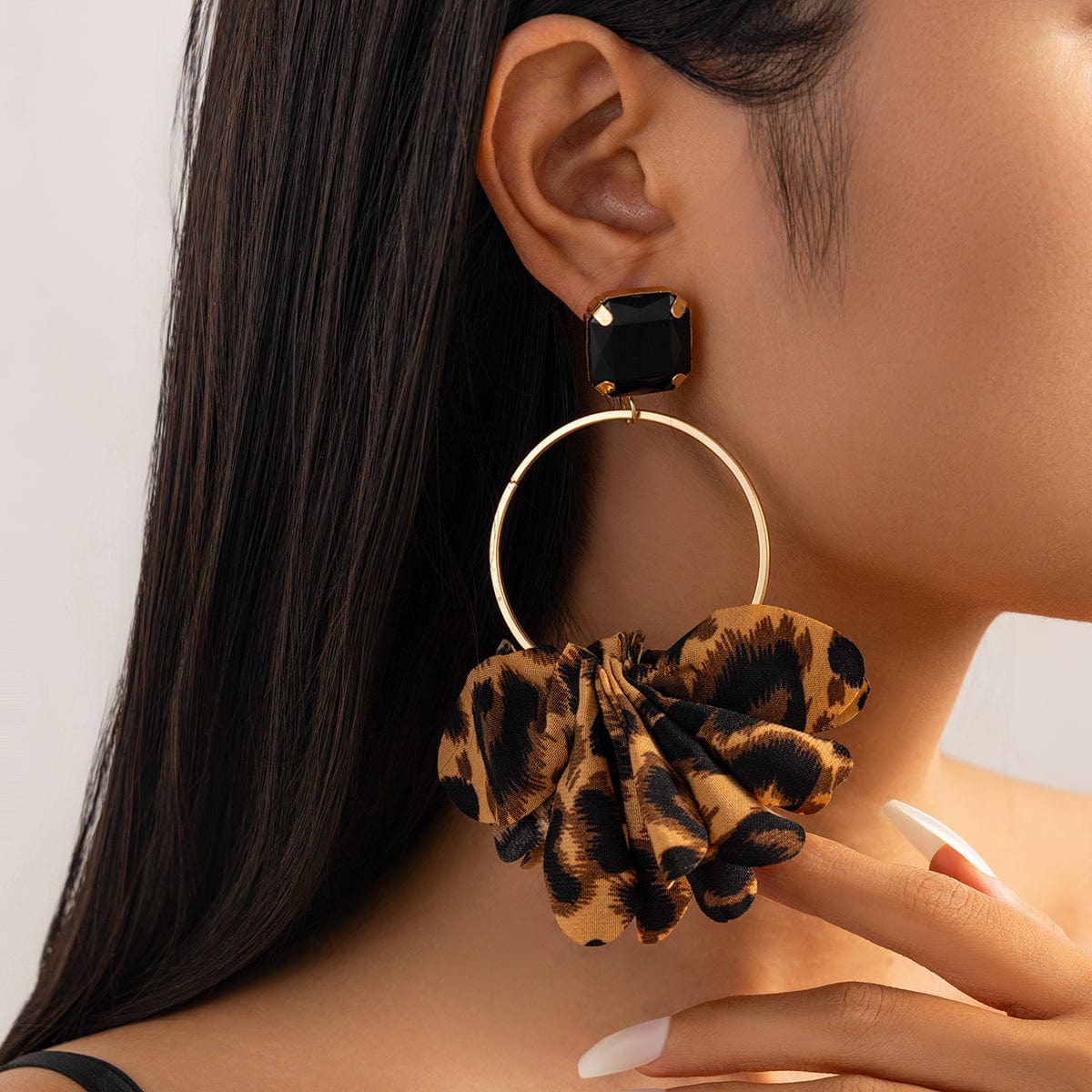 Exaggerated Leopard Fabric Hoop Dangle Earrings - ArtGalleryZen