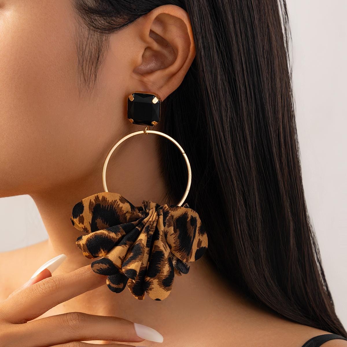 Exaggerated Leopard Fabric Hoop Dangle Earrings - ArtGalleryZen