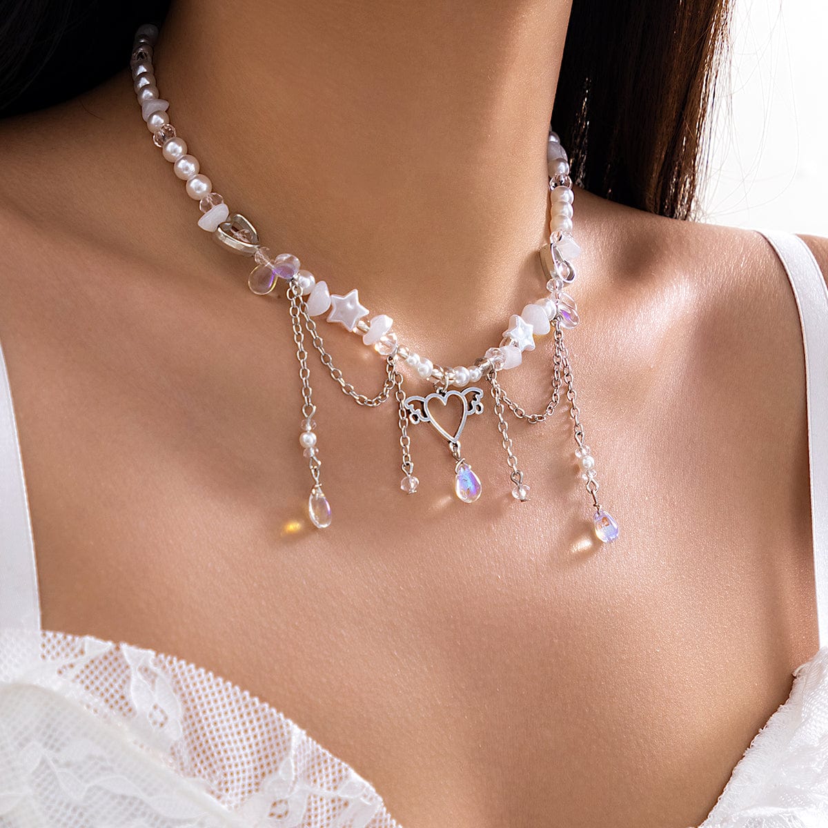 Fancy Agate Tassel Heart Pendant Star Rhinestone Pearl Chain Necklace - ArtGalleryZen