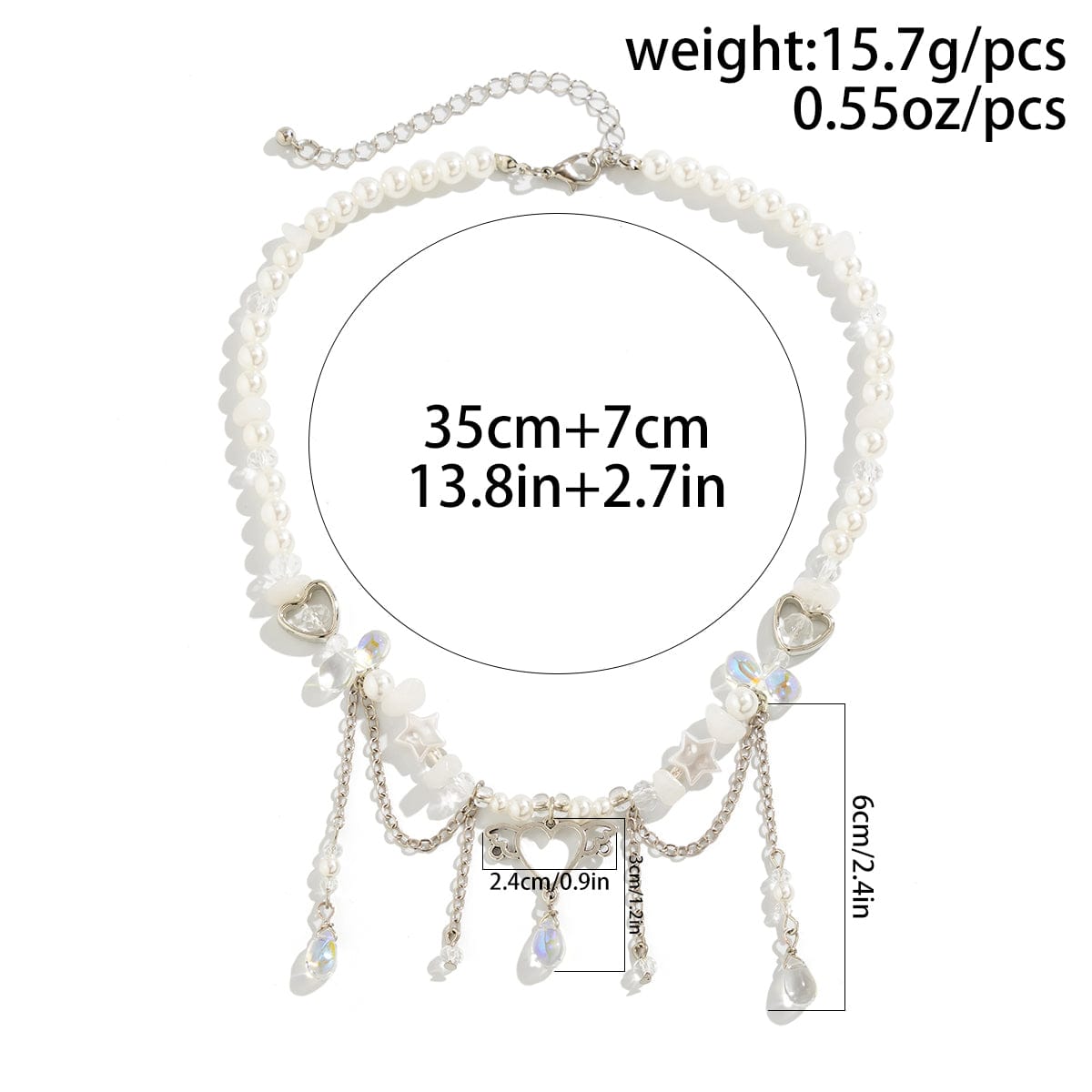 Fancy Agate Tassel Heart Pendant Star Rhinestone Pearl Chain Necklace - ArtGalleryZen