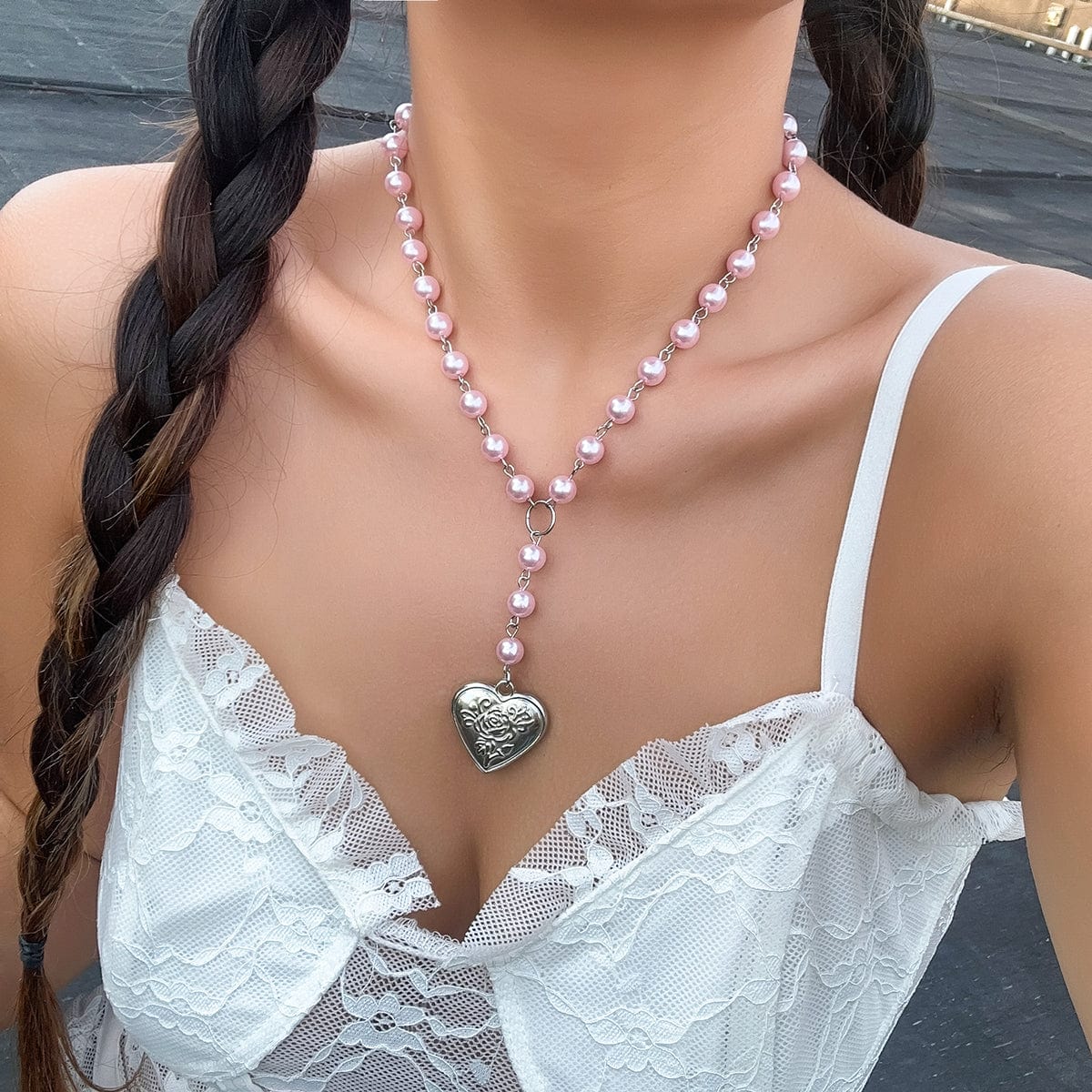 Floral Heart Pendant Pearl Chain Y Necklace - ArtGalleryZen