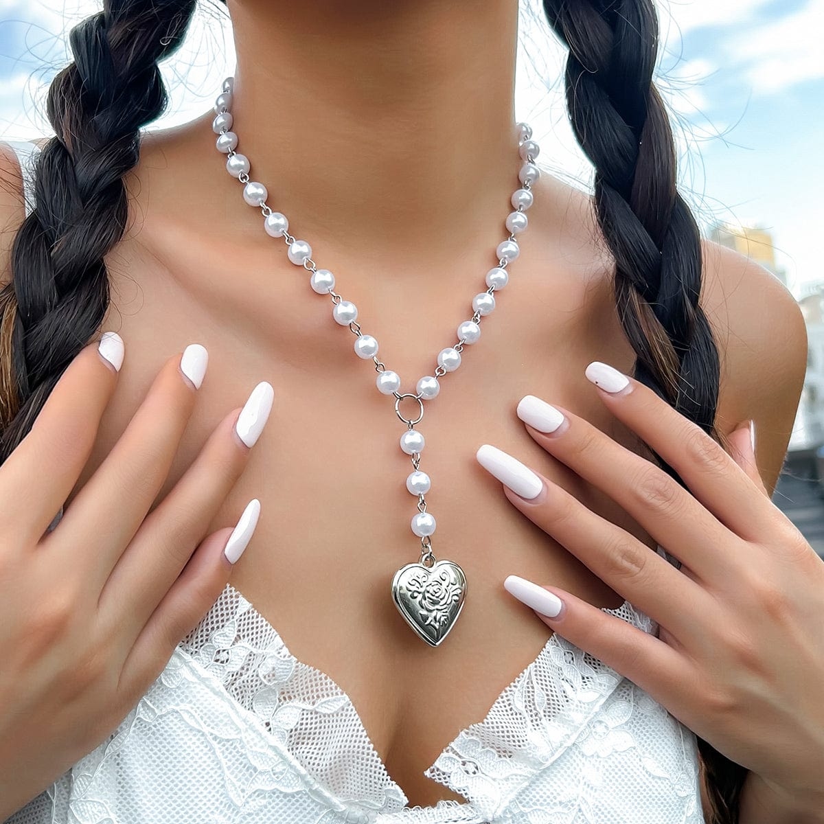 Floral Heart Pendant Pearl Chain Y Necklace - ArtGalleryZen