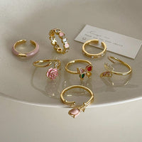 Thumbnail for French Style CZ Inlaid Butterfly Enamel Flower Pearl Open Ring - ArtGalleryZen