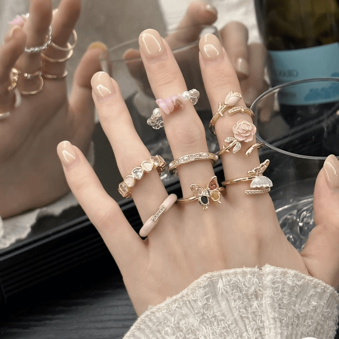 French Style CZ Inlaid Butterfly Enamel Flower Pearl Open Ring - ArtGalleryZen