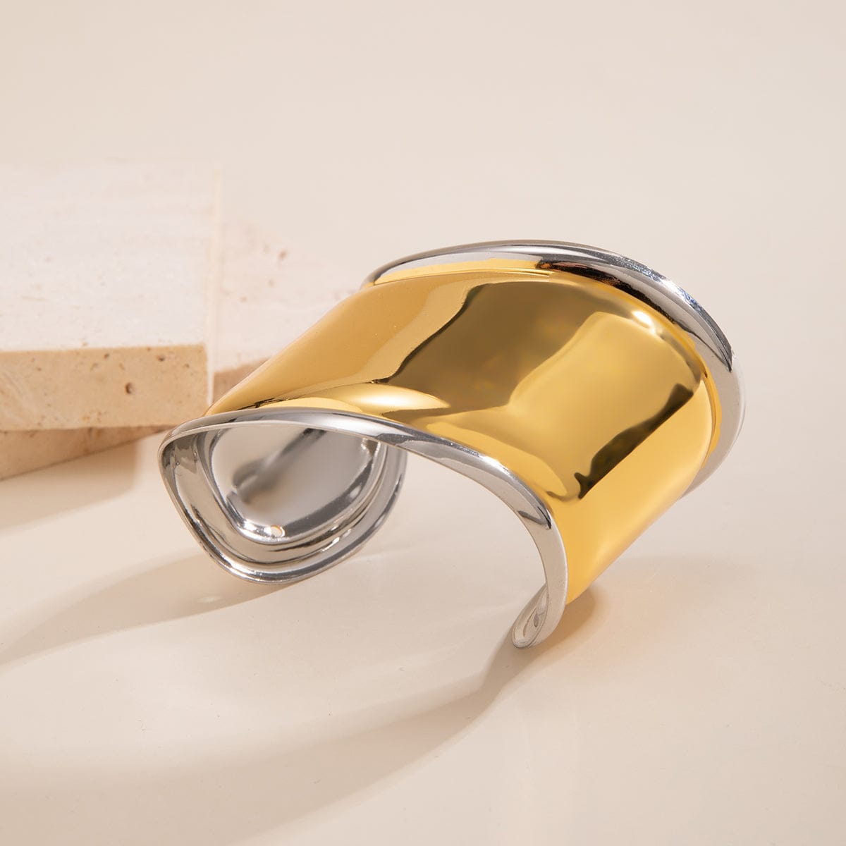 French Style Gold Silver Plated Wide Glossy Open Cuff Bracelet - ArtGalleryZen