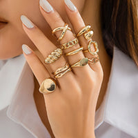 Thumbnail for Geometric 10pcs Gold Plated Hollow Heart Waterdrop Round Disk Open Ring Set - ArtGalleryZen