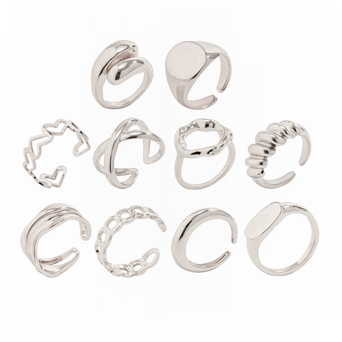 Geometric 10pcs Gold Plated Hollow Heart Waterdrop Round Disk Open Ring Set - ArtGalleryZen