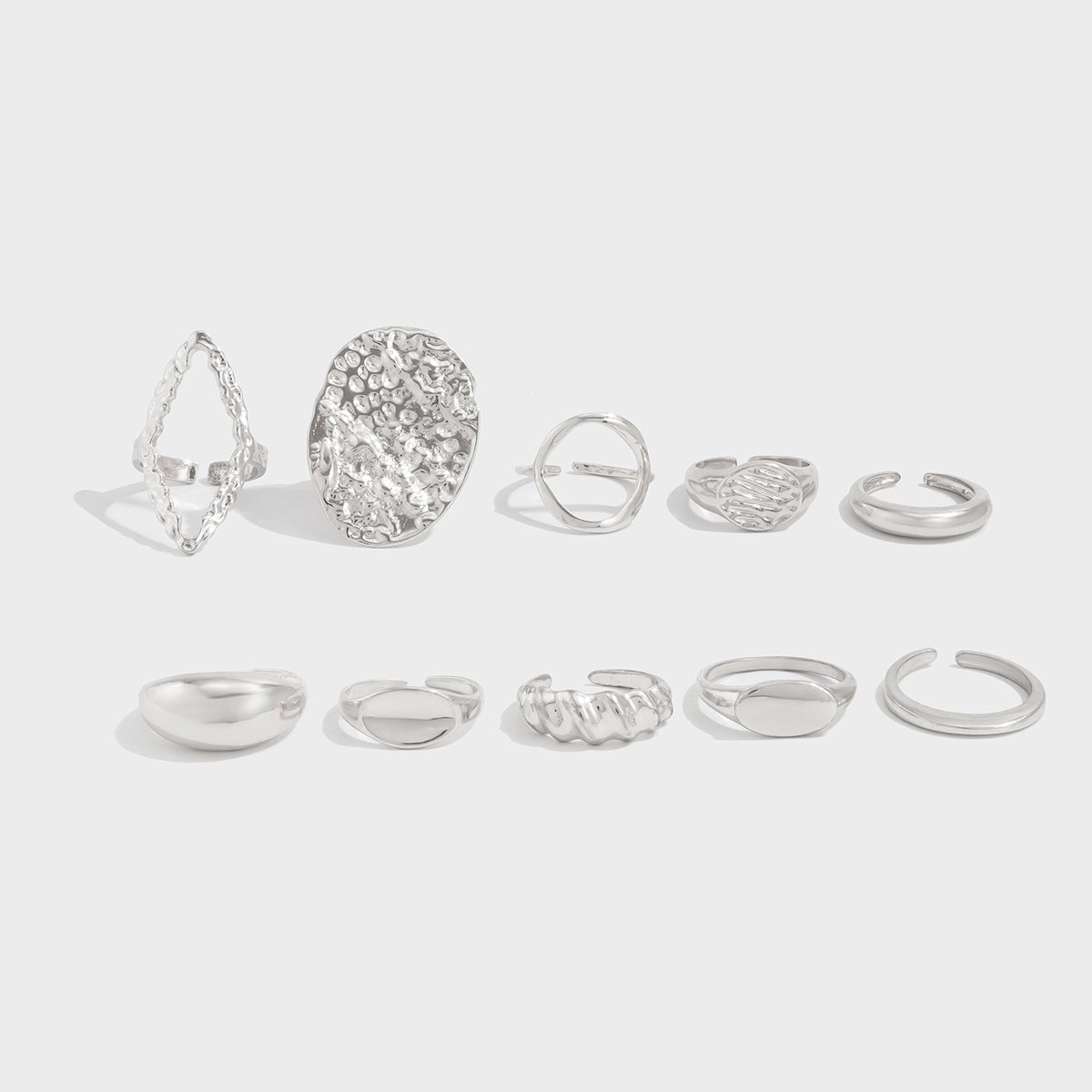 Geometric 10pcs Textured Oval Disk Glossy Hollow Ring Set - ArtGalleryZen