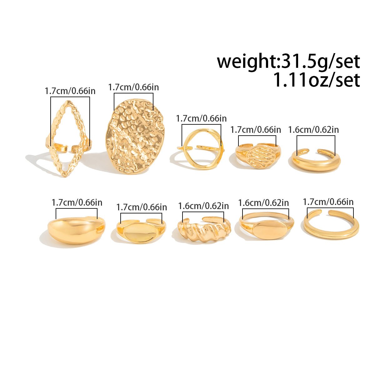 Geometric 10pcs Textured Oval Disk Glossy Hollow Ring Set - ArtGalleryZen