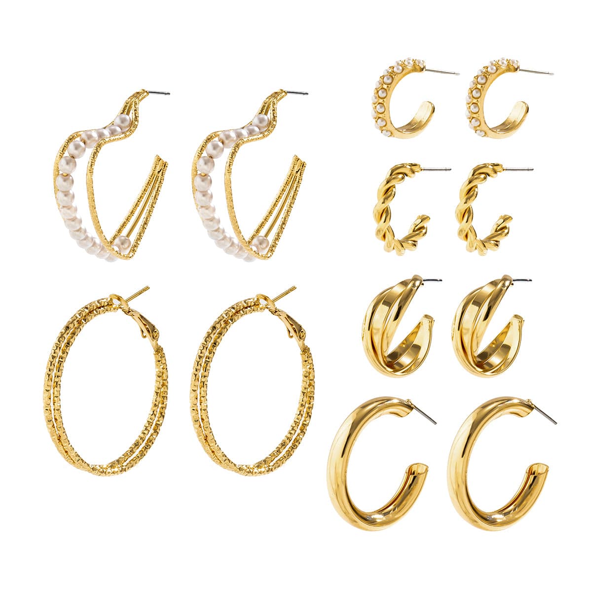 Geometric 12 Pieces Pearl Inlaid Huggie Hoop Earrings Set - ArtGalleryZen