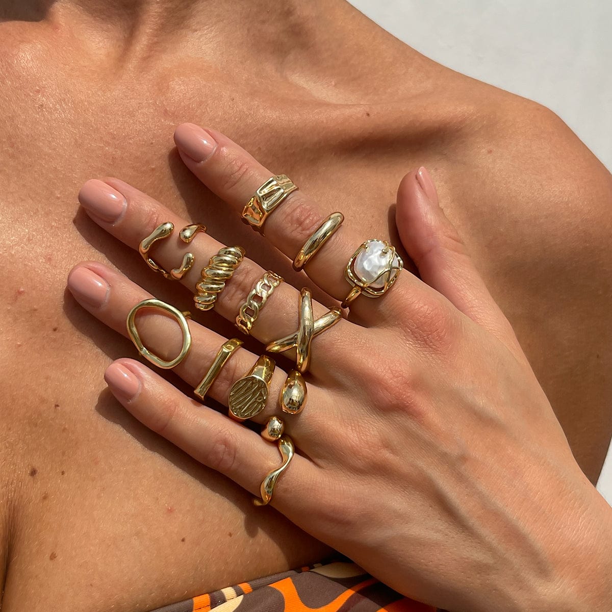 Geometric 12pcs Gold Silver Tone Hollow Twisted Open Ring Set - ArtGalleryZen