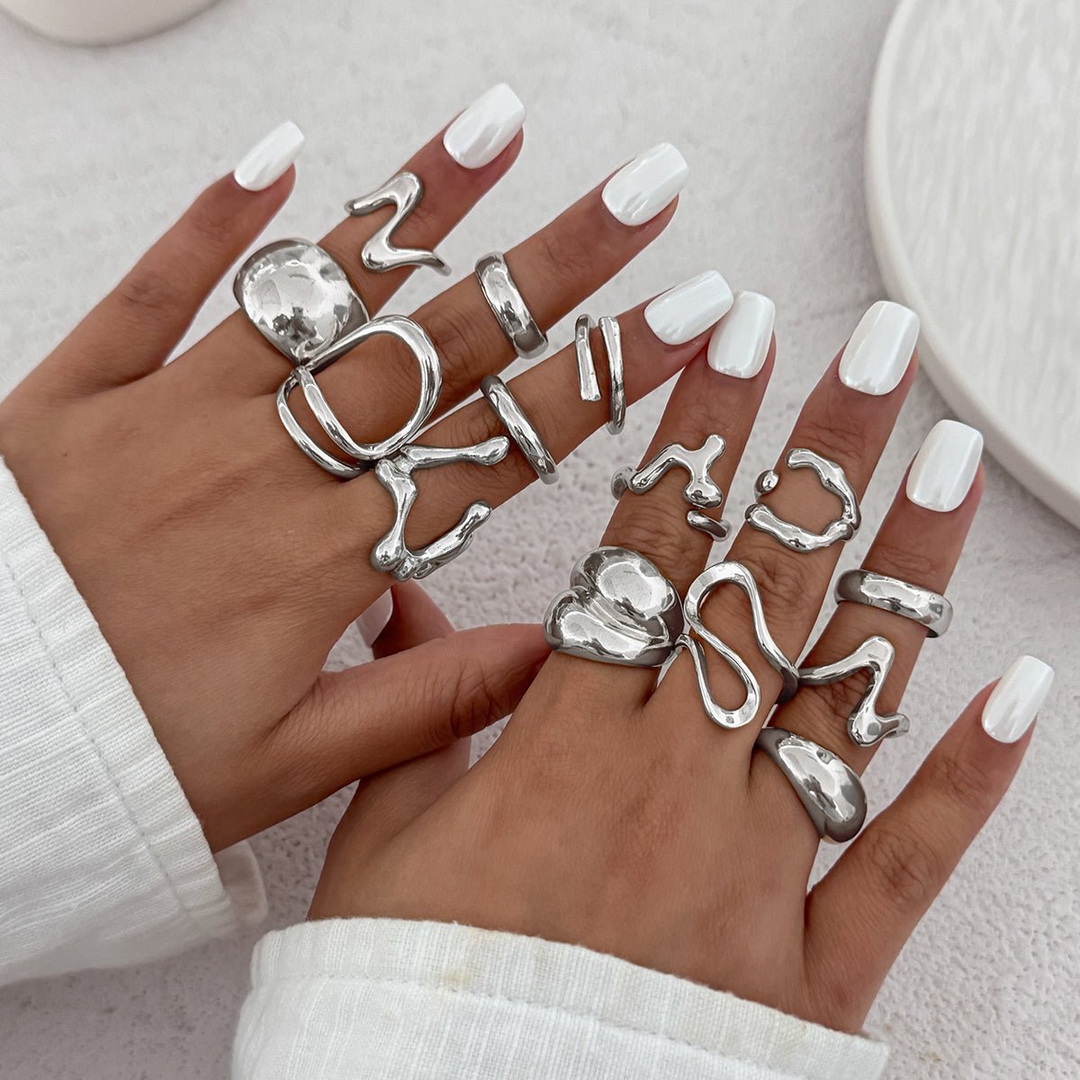 Geometric 14pcs Chunky Irregular Curved Waterdrop Ring Set - ArtGalleryZen