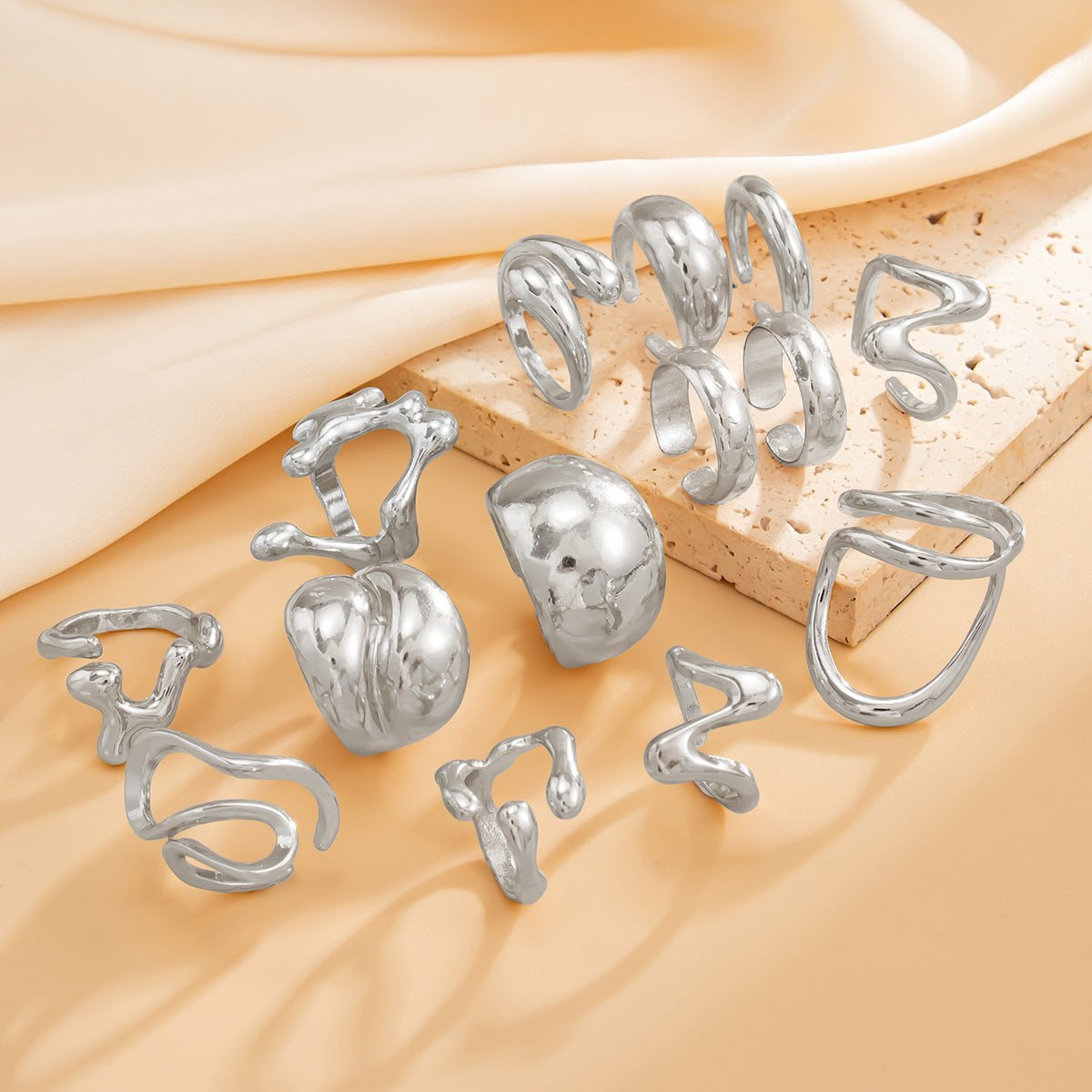 Geometric 14pcs Chunky Irregular Curved Waterdrop Ring Set - ArtGalleryZen