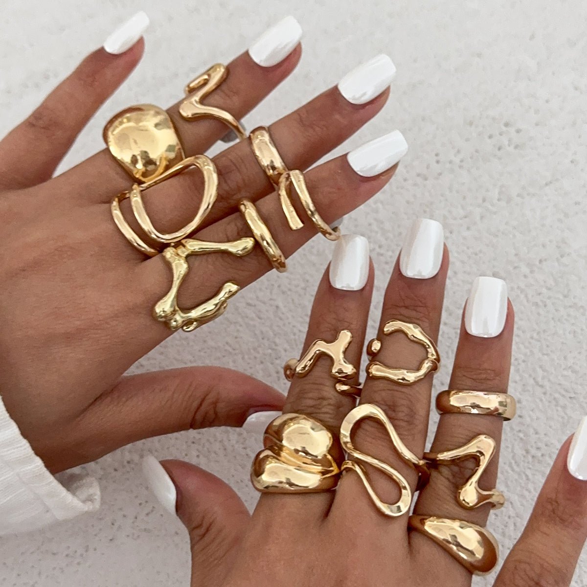 Geometric 14pcs Chunky Irregular Curved Waterdrop Ring Set - ArtGalleryZen