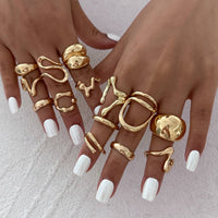 Thumbnail for Geometric 14pcs Chunky Irregular Curved Waterdrop Ring Set - ArtGalleryZen