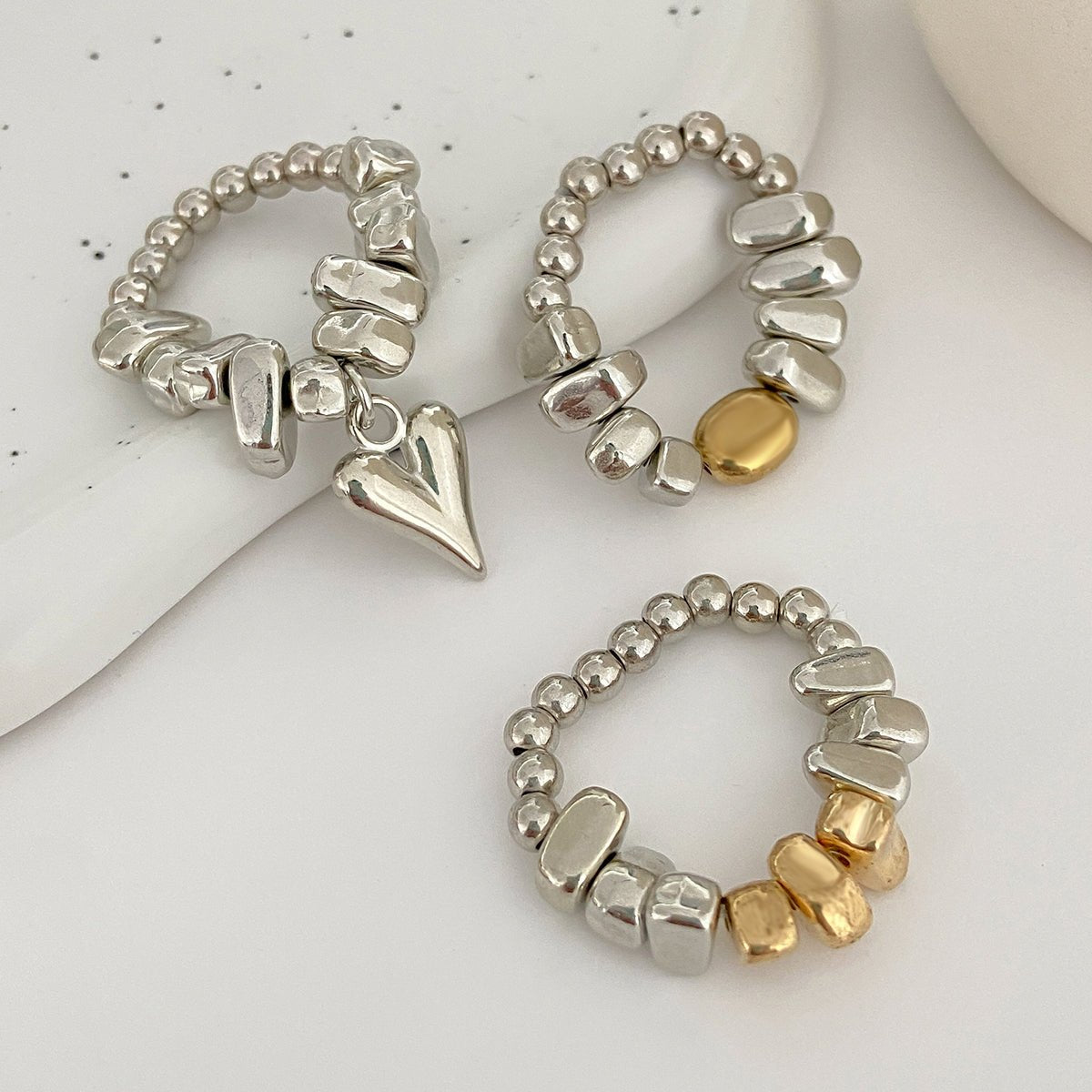 Geometric 3pcs Heart Charm Irregular Beaded Ring Set - ArtGalleryZen