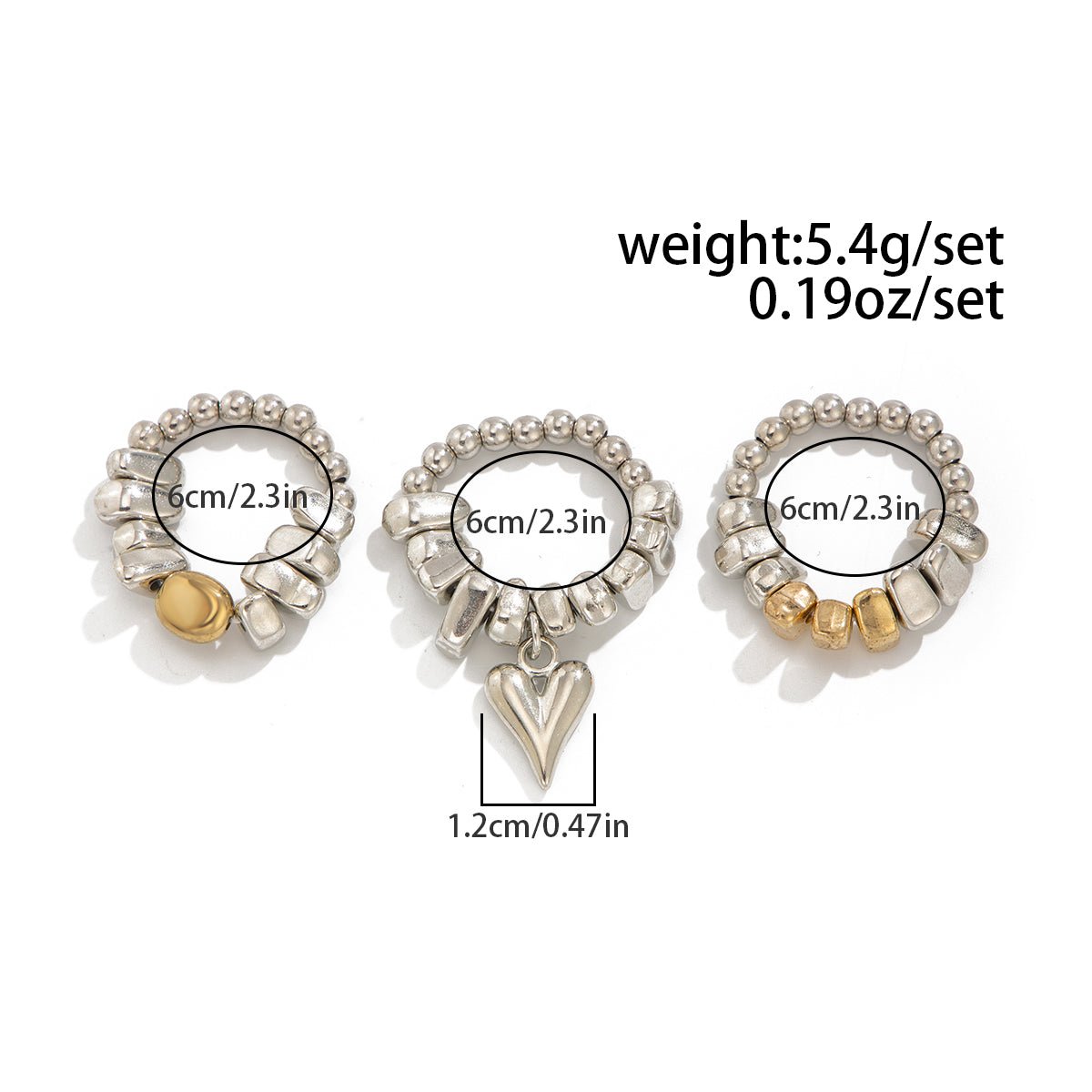 Geometric 3pcs Heart Charm Irregular Beaded Ring Set - ArtGalleryZen