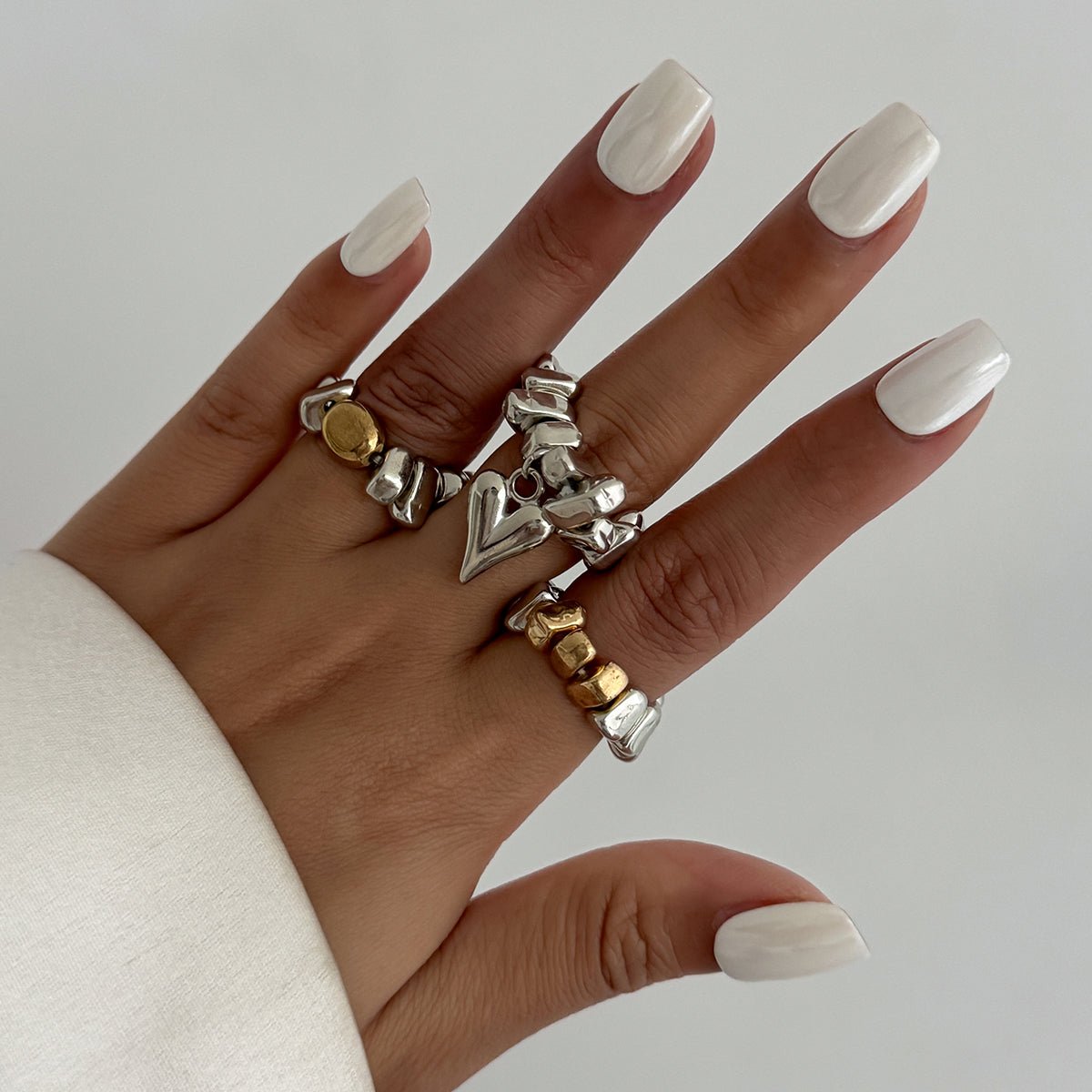 Geometric 3pcs Heart Charm Irregular Beaded Ring Set - ArtGalleryZen