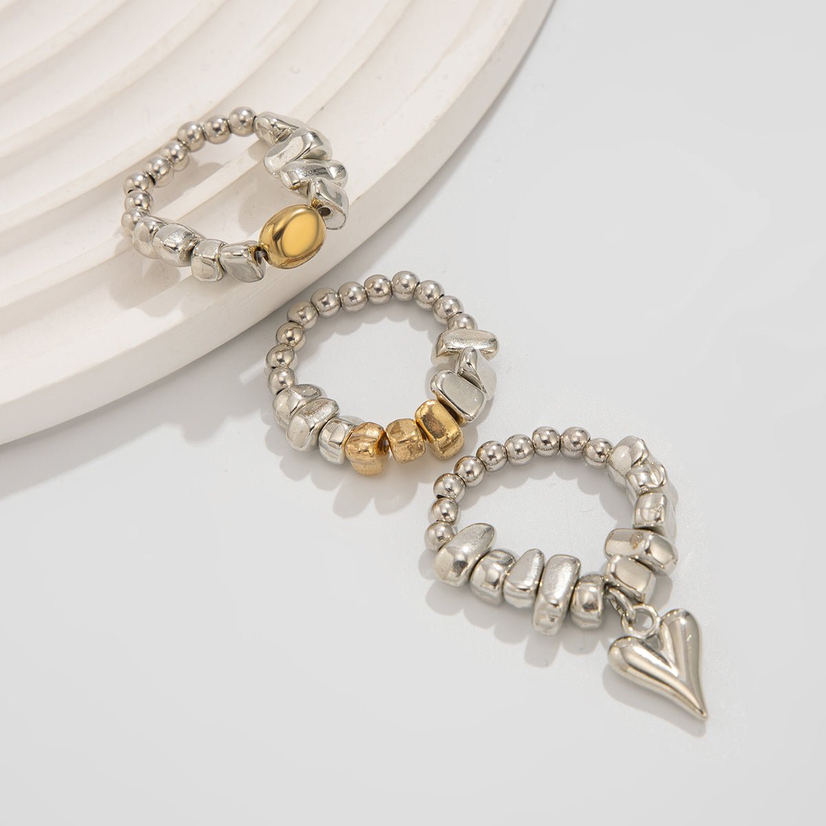 Geometric 3pcs Heart Charm Irregular Beaded Ring Set - ArtGalleryZen
